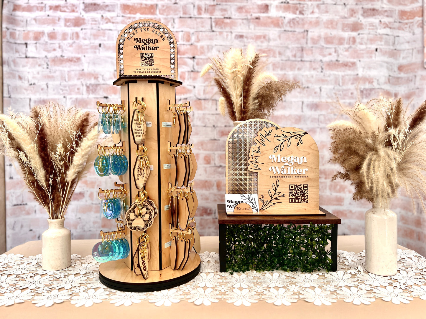 Spinning Display Rack and Custom QR Code Wooden Sign